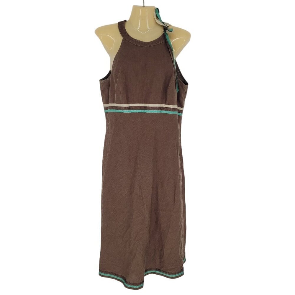 Liz Claiborne womens 12 brown linen sleeveless halter shoulder tie lined midi